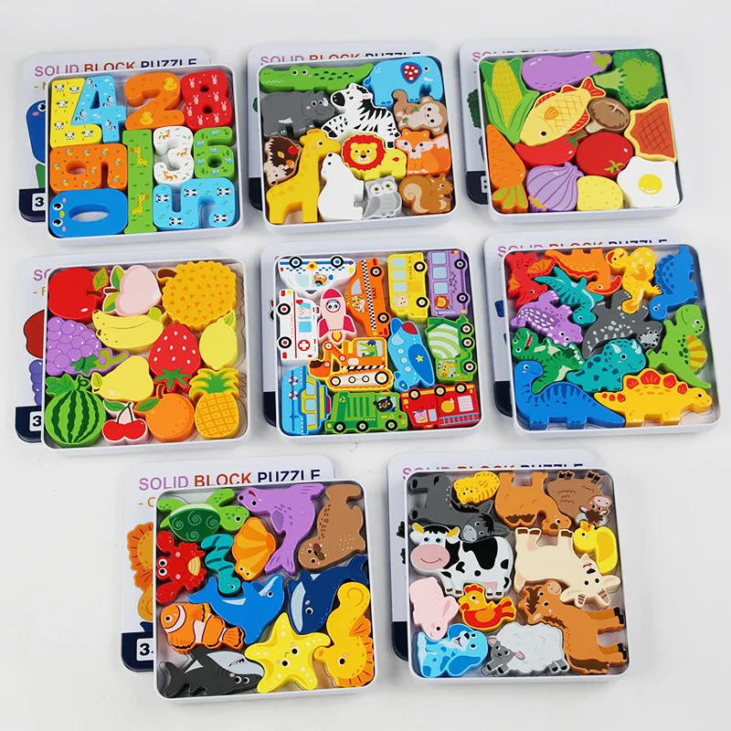 Wooden stacking building blocks puzzle 3d animals dinosaurs vehicle fruits farm puzzles kids early education creative jigsaw toy