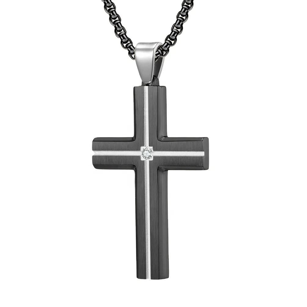 High Quality Black Brushed Cross Pendant Silver Grooved Cross With Stone Centre Stainless Steel Pendant For Men Necklace