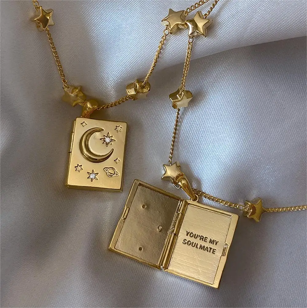 Hot Sale18k Gold Plated Stainless Steel Adjustable Star Chain Book Pendant Necklace Lovers Locket Photo Frame Locket Necklace