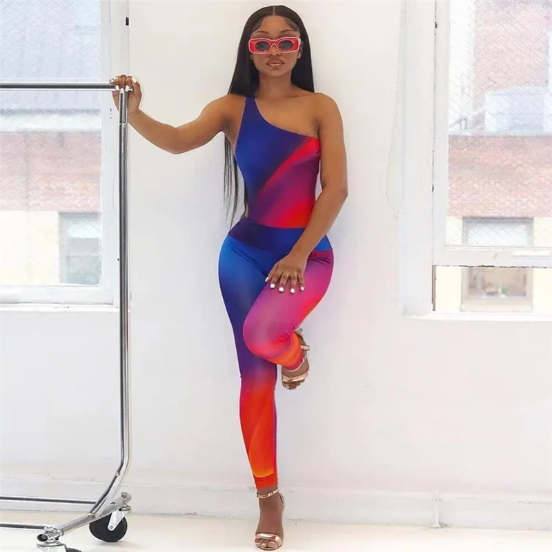 MD-2022052027    Bodysuits And Top Fashion Tie Dye Printed One Shoulder Sleeveless Women Two Piece Outfits