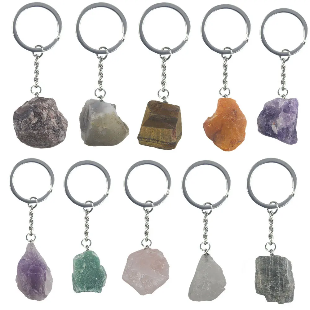 
New Natural Stone Crystal Keychain Personality Crystal Agate Irregular Hanging Ring Rough Stone Jewelry Accessories 