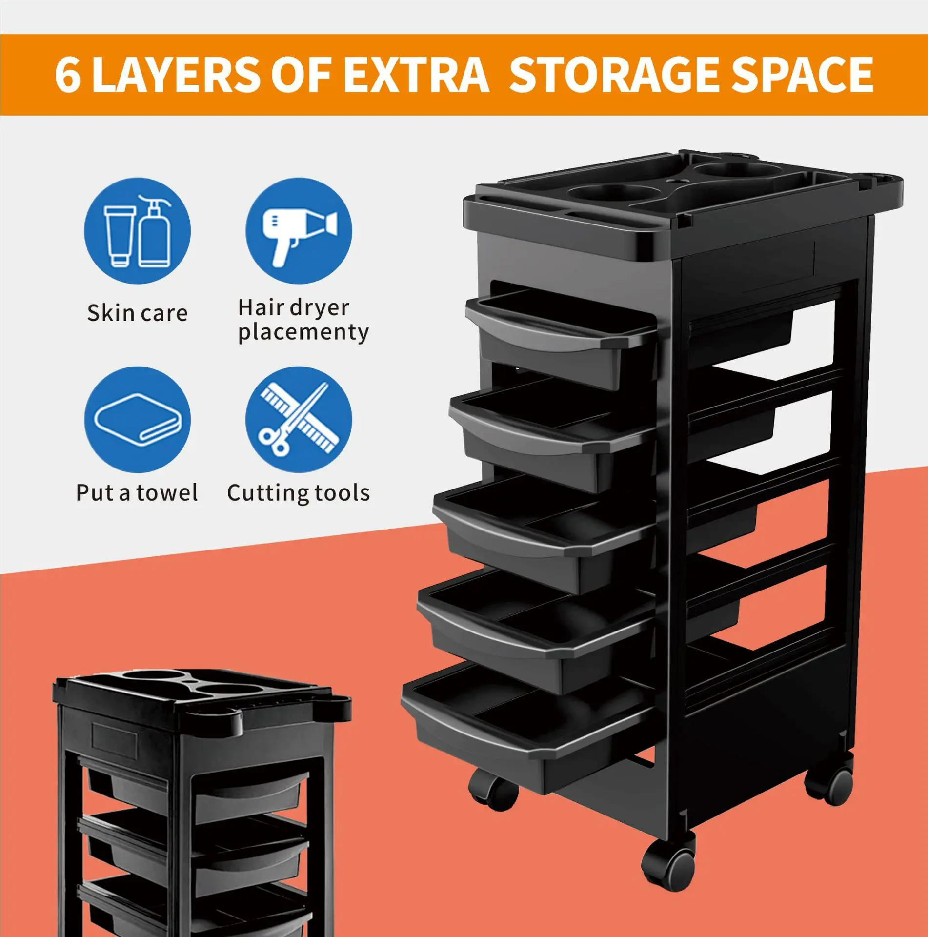 5-Layer Hairdressing Stroller with 360-Degree Rotate Plastic Air Cylinder and Dye Bowl Holder for Salon Use