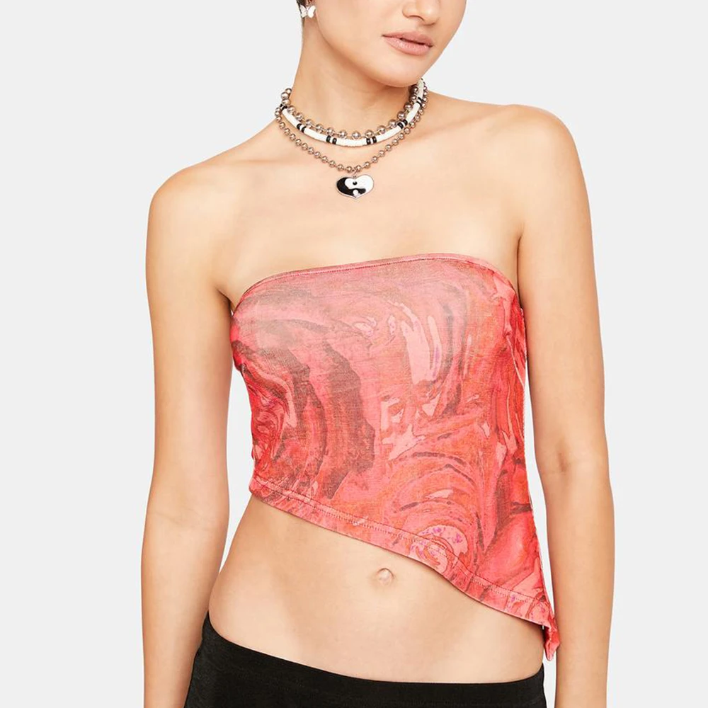 Wholesale New Arrival Y2K Style Rose Print Asymmetrical Bandeau Sexy Customized Crop Tops