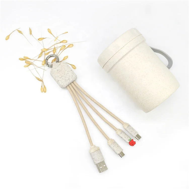Eco-Friendly Promotion Gift Wheat Straw USB Charging Cable Custom Logo Portable Multi 3 in 1 USB Type-C Micro OTG Charger