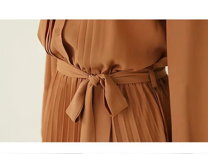 Ladies Round Neck Plain Long Dress Women Long Sleeve Elegant Summer Casual Maxi Chiffon Dresses With Belt