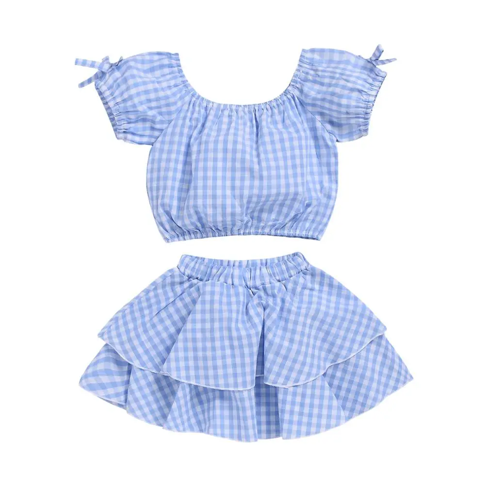 
Sky Blue Plaid Short Sleeve One-Shoulder Top Elastic Belt Short Skirt Two-piece baby Girl clothing Set 