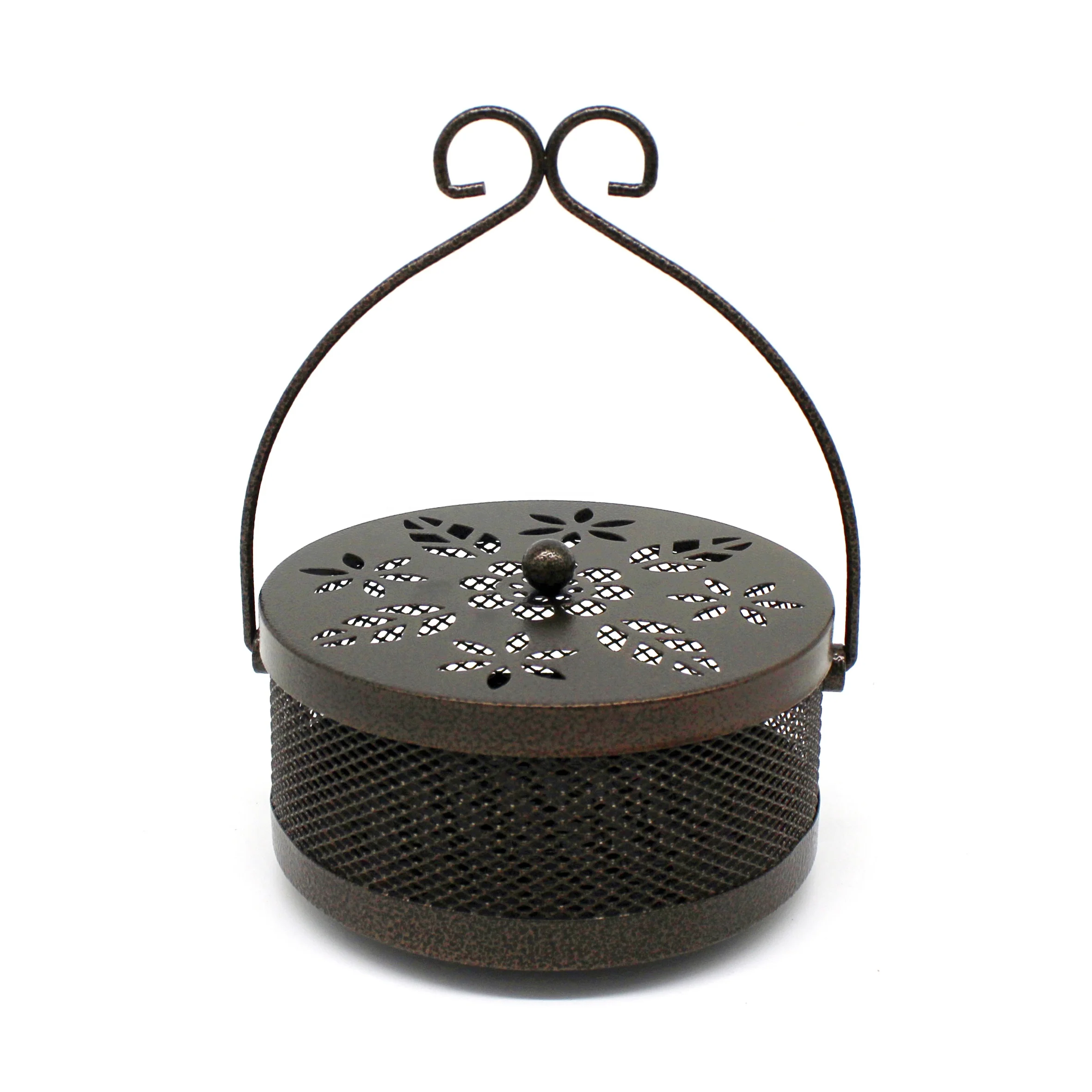 Retro Portable Mosquito Coil Holder Metal Fireproof Incense Burner with Lid and Handle, Bronze
