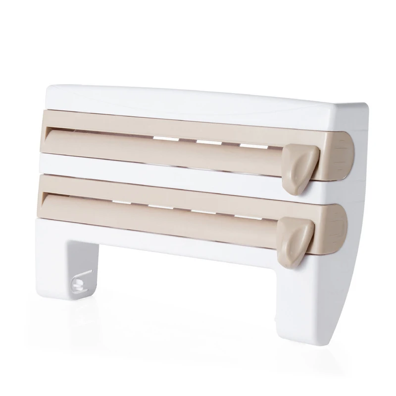 3 In 1 Plastic Wall-Mounted Kitchen Paper Towel Holder Spice Rack Cling Film Wrap Foil Dispenser With Cutter
