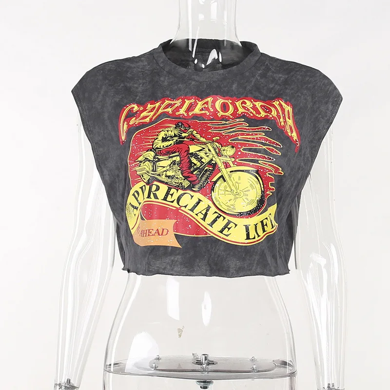 X12615C Grunge Y2K Fashion Printed Loose Tanks Casual Streetwear Crop Tops Women 90s Basic Shirts Sleeveless Tees Rave Outfits