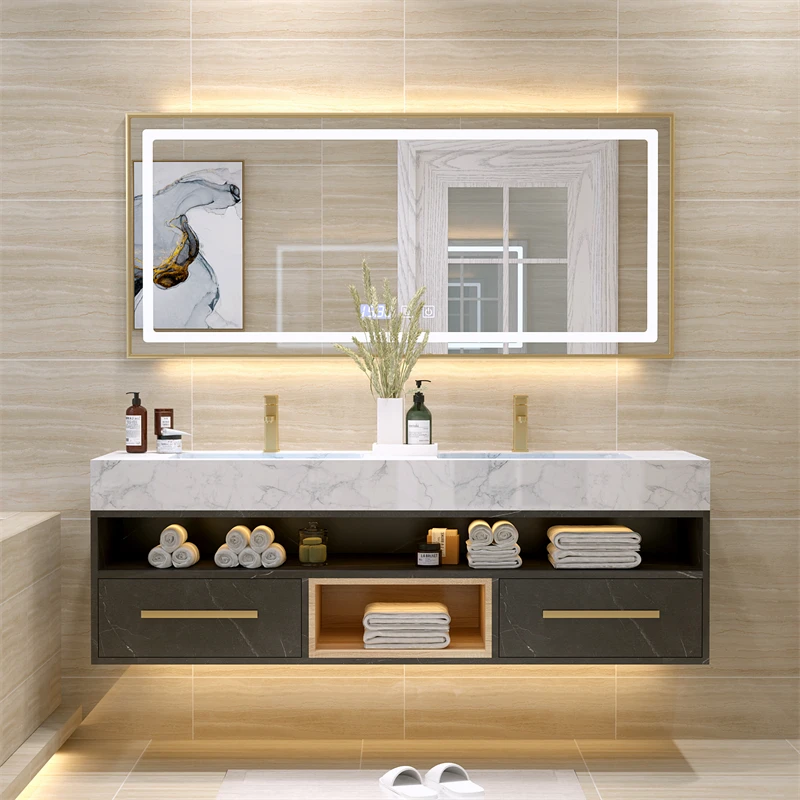 High quality MDF/ PVC/ Plywood vanities floor storage bathroom cabinet furniture with led mirror