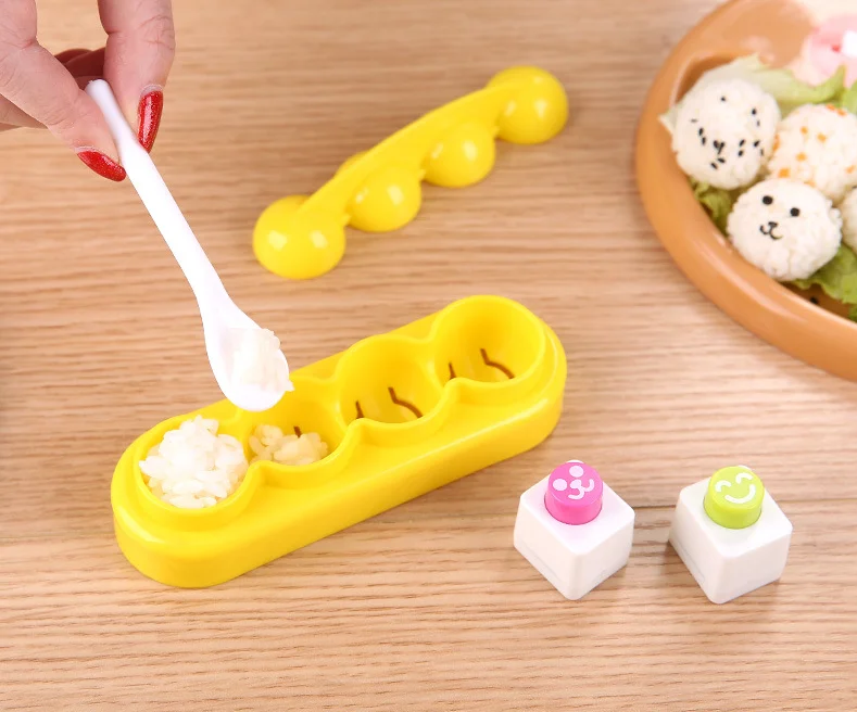 4 Cavities Plastic DIY Ball Shape Sushi Rice Decorating Mold Set Include Nori Cutters And Spoon Bento Accessories