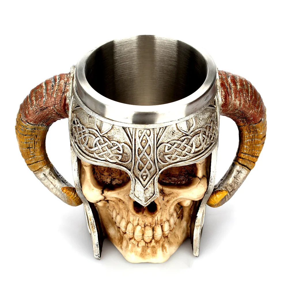 Unique Skeleton Stein Tankard Drinking Viking Horn Mug for Beer Coffee Stainless Steel Skull Mug Viking Horn Cups for Drinking