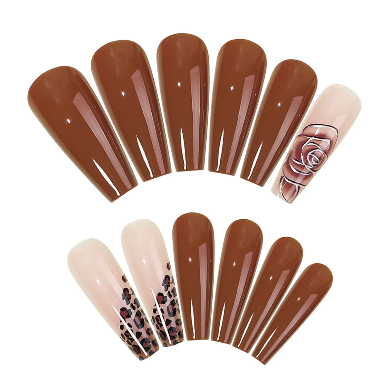 24Pcs Long Coffin Black Leopard Print Ballet False Nails French Wearable Finished  Full Cover Press On Artificial Fingernails