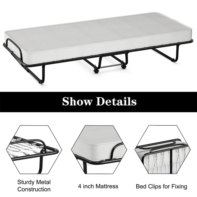 Home Garden Patio Backyard Fold up Guest Bed Roll Away Folding Bed Cama Plegable with Memory Foam Mattress & Sturdy Metal Frame