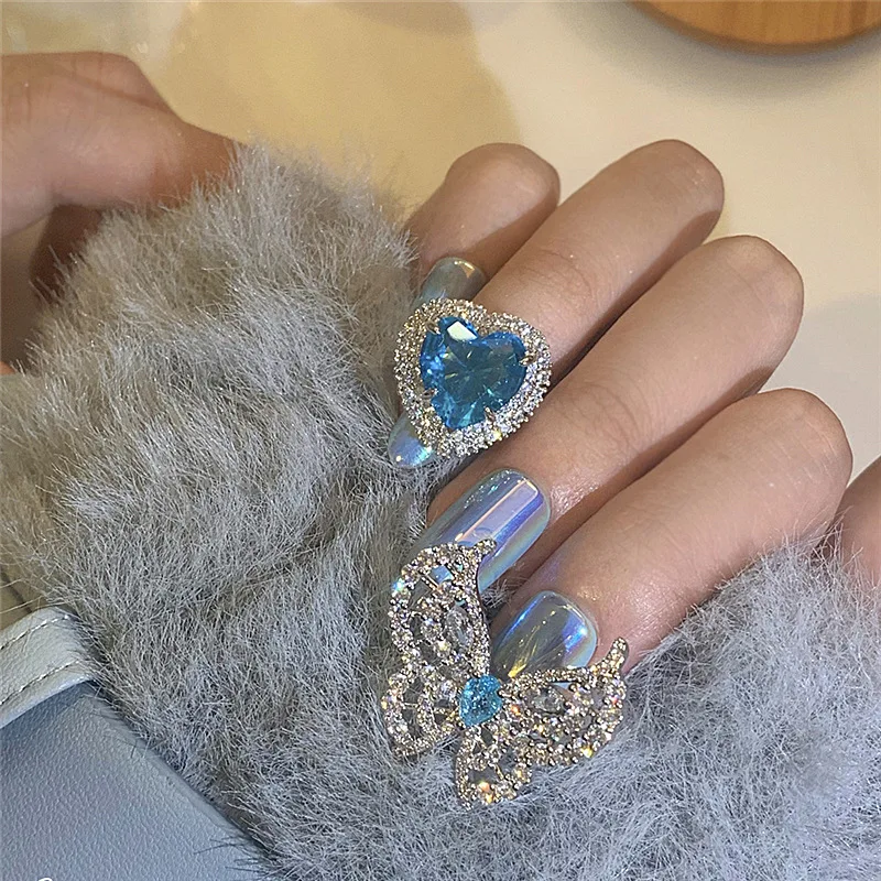 JUHU Ice and Snow Fairy Tale Series Ring Micro-inlaid Zircon Ice Blue Love Heart Opening Ring Crystal Butterfly Ring Female