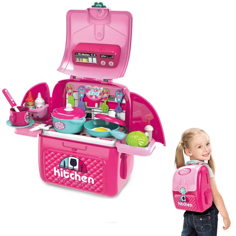 Preschool kid pretend play tableware set 2 IN 1 kids backpack cooking kitchen bag indoor role playing kitchen sets toy