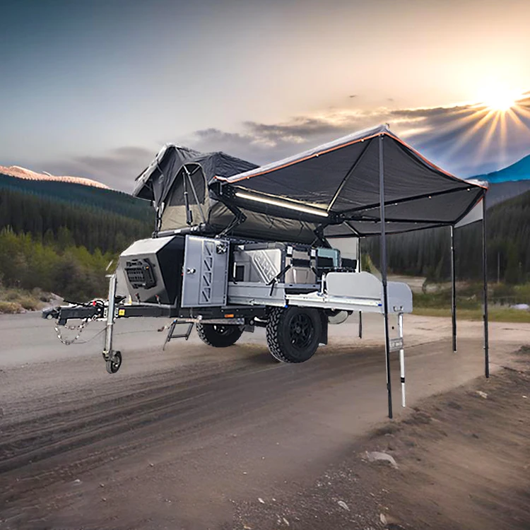 Folding tent trailer luxury travel trailers 2-4 people mini camper trailer off-road with side awnings rv camper home