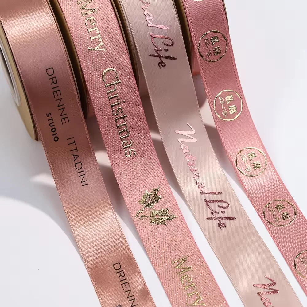 Recycle Hot Sell 3D customized printed valentines day ribbon with logo custom gold logo on pink satin ribbons gift wrapping