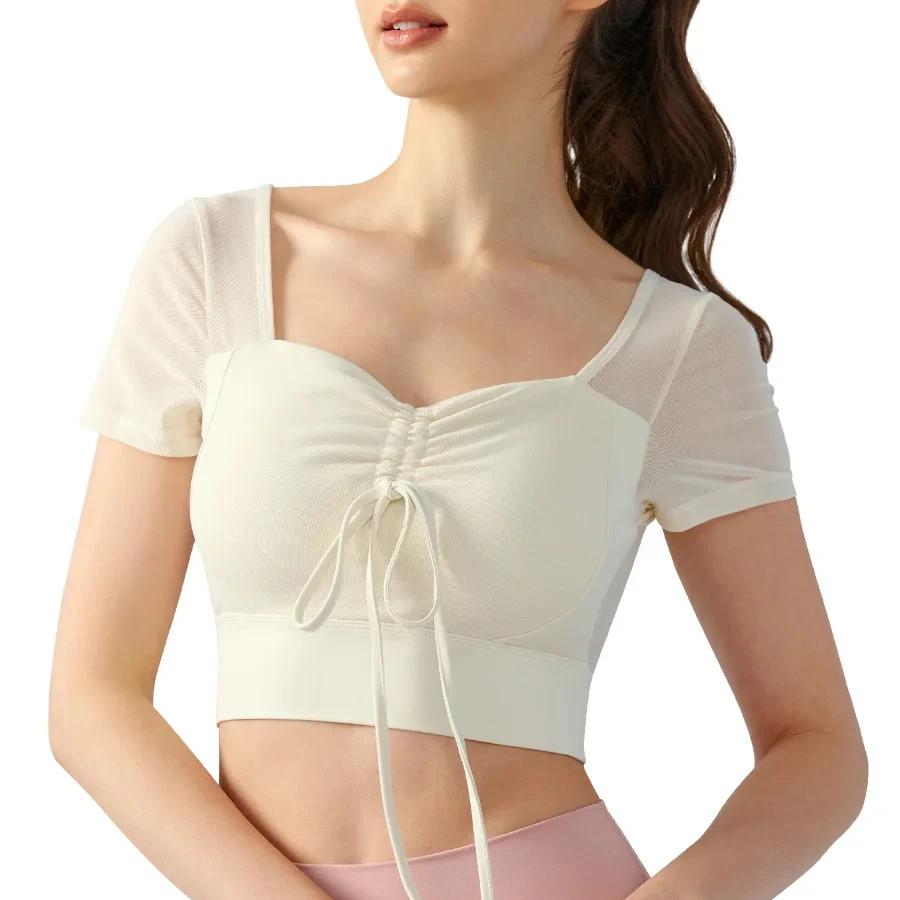GOOCH New yoga short sleeve T-shirt women with breast pad Early spring pure Desire Spice Slimming mesh micro through short top