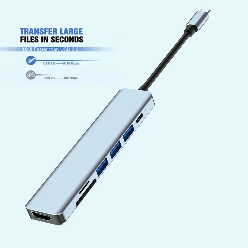 USB 3.0 Aluminum Alloy Thunderbolt 3 Dock 4K Media PD Charger Type-C 7 In 1 Hub