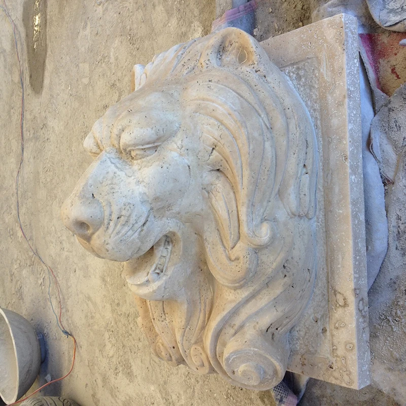 Beige travertine natural stone lion head omitting water wall fountain