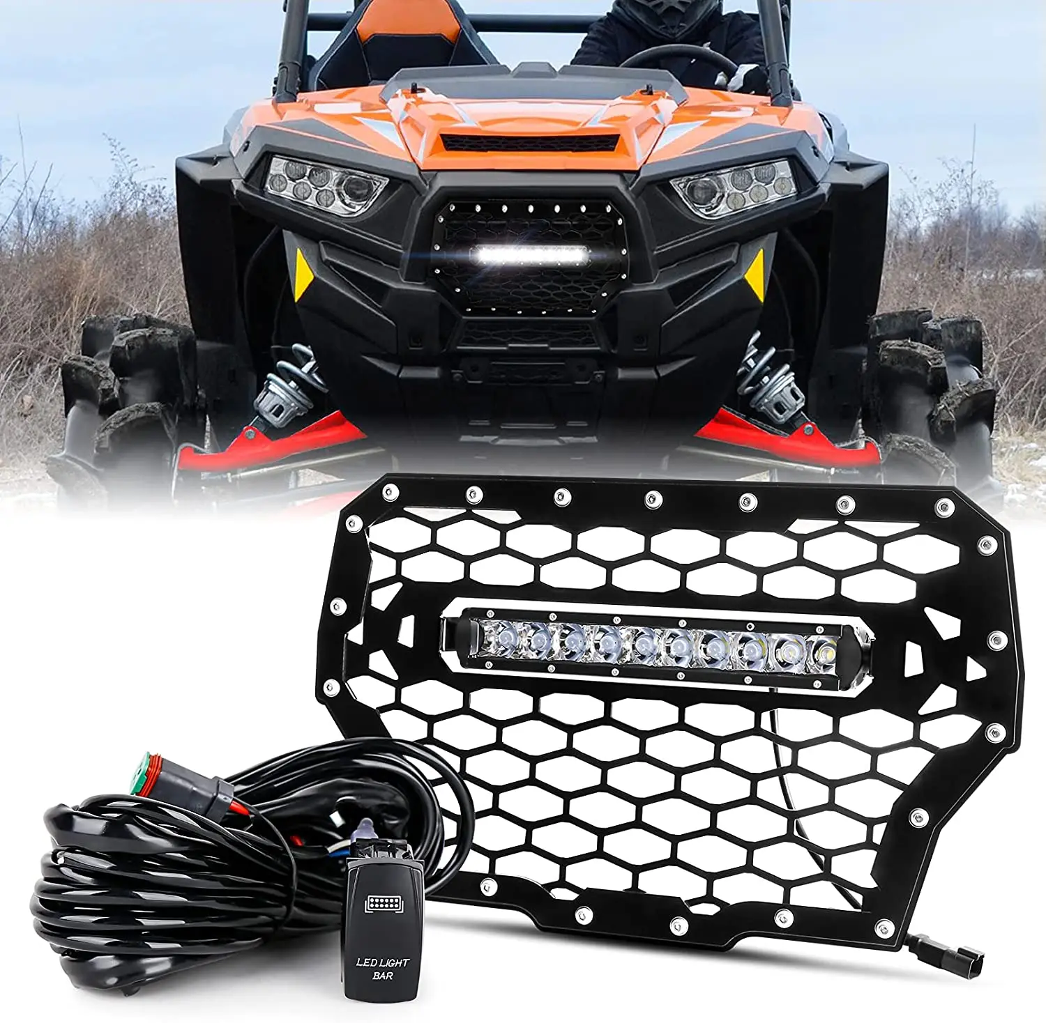 Black Front Grill with 60W LED Light bar Steel Front Mesh Grille for 2017-2018 Polaris RZR 1000 XP Turbo
