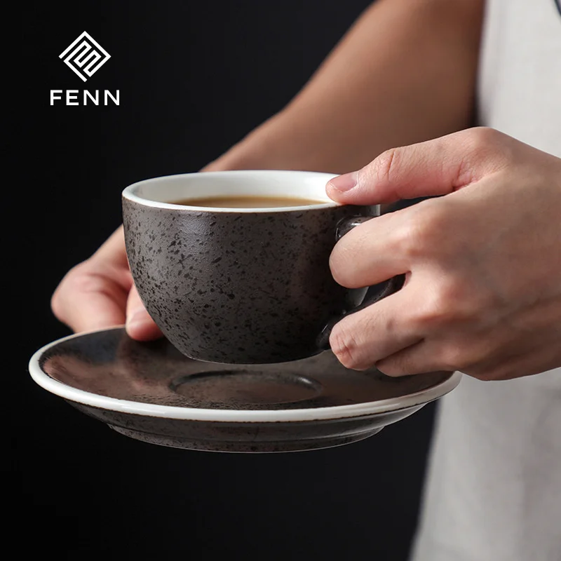 Retro American Ceramic Vintage Espresso Cups And Saucers Sets Classic Frosted Stoneware Coffee Cappuccina Cups