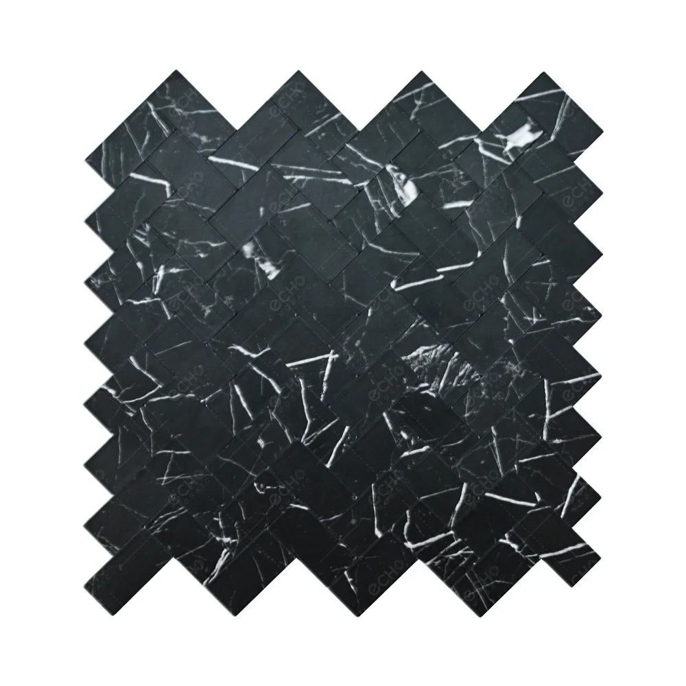 No Grout Herringbone Black Nero Margiua Marble Design Self Adhesive Aluminium Mosaic Tile for Kitchen