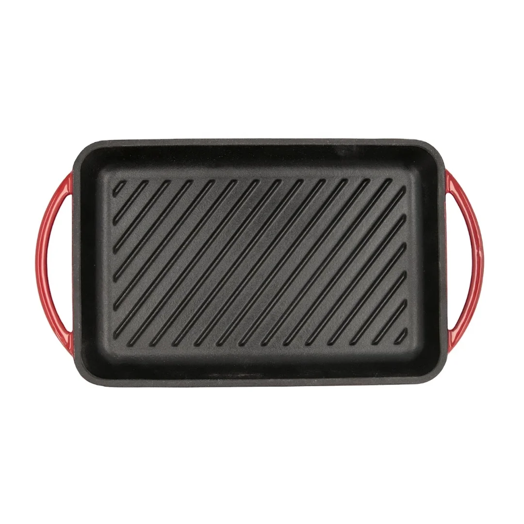 kitchen non stick rectangle enameled cast iron rectangular stove top bbq griddle grill pan with double handles
