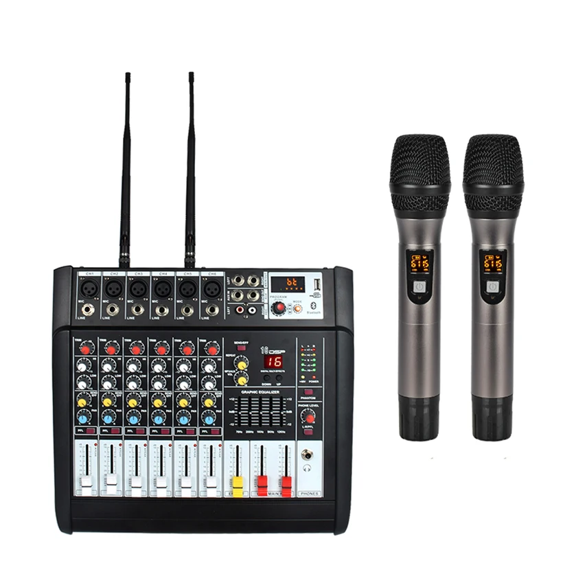 Professional digital  build power amplifier 6 ch audio mixer has wireless microphone