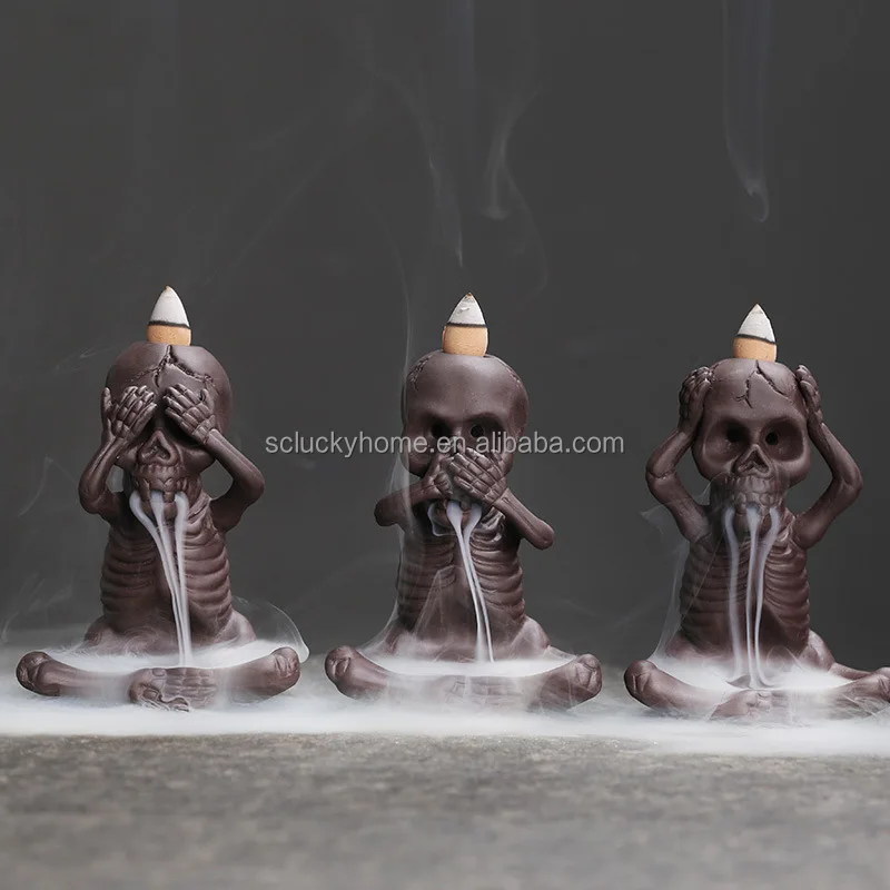 3 set Skull Backflow Incense Burners Waterfall Incense Holder Ceramic Gothic Smoke Fountain Halloween Christmas Birthday Gifts