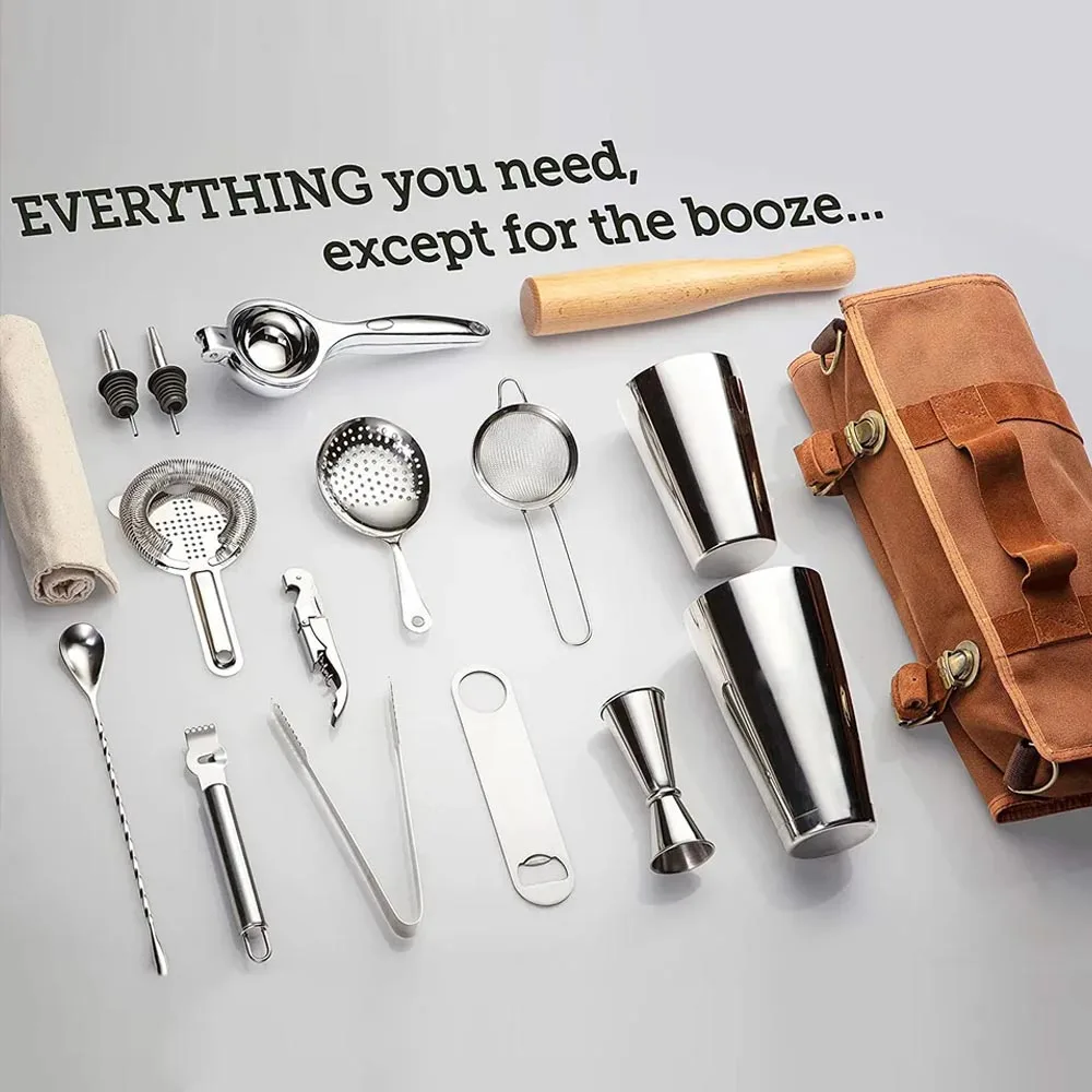Camol 17pcs Cocktail Shaker Sets Boston Shaker Roll-Rim Jigger Tear Spoon Muddler with Bag Bartender Kit For Bar Home Hotel