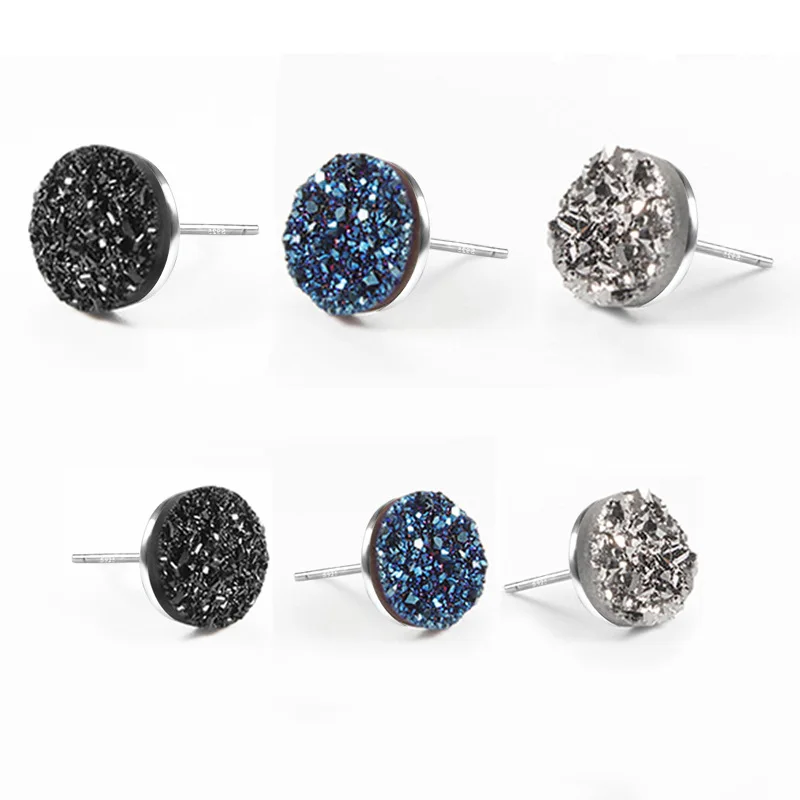 Wholesale Natural Crystal Cluster Black Earrings Natural Ore Multicolor Round Stud Earrings for Men and Women