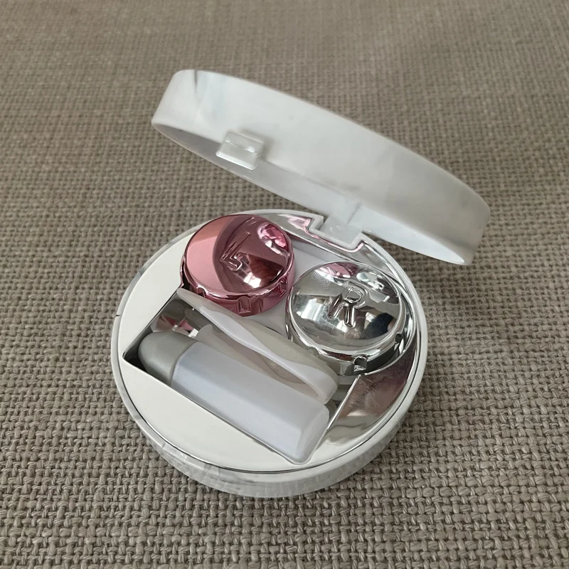 Round Fashion Marble Contact Lens Case, Portable Contact Lens Box Kit with Mirror