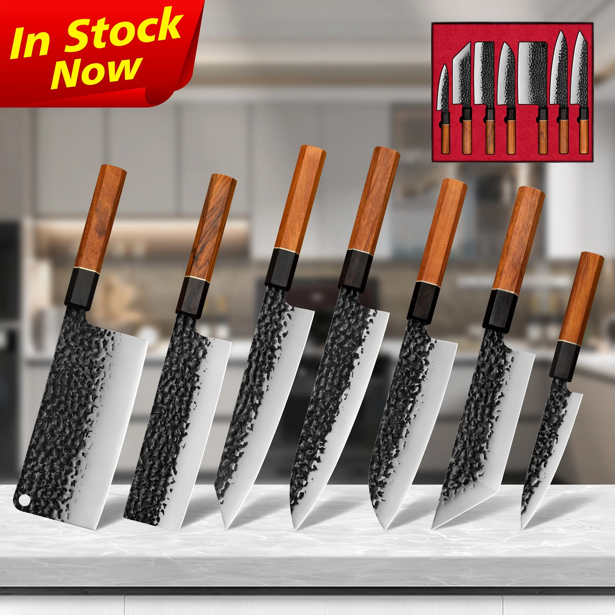 Japanese Octagonal Handle Black-oxide Hammered Forged Handmade Professional High Carbon Steel Kitchen Chef Knives Set With Box