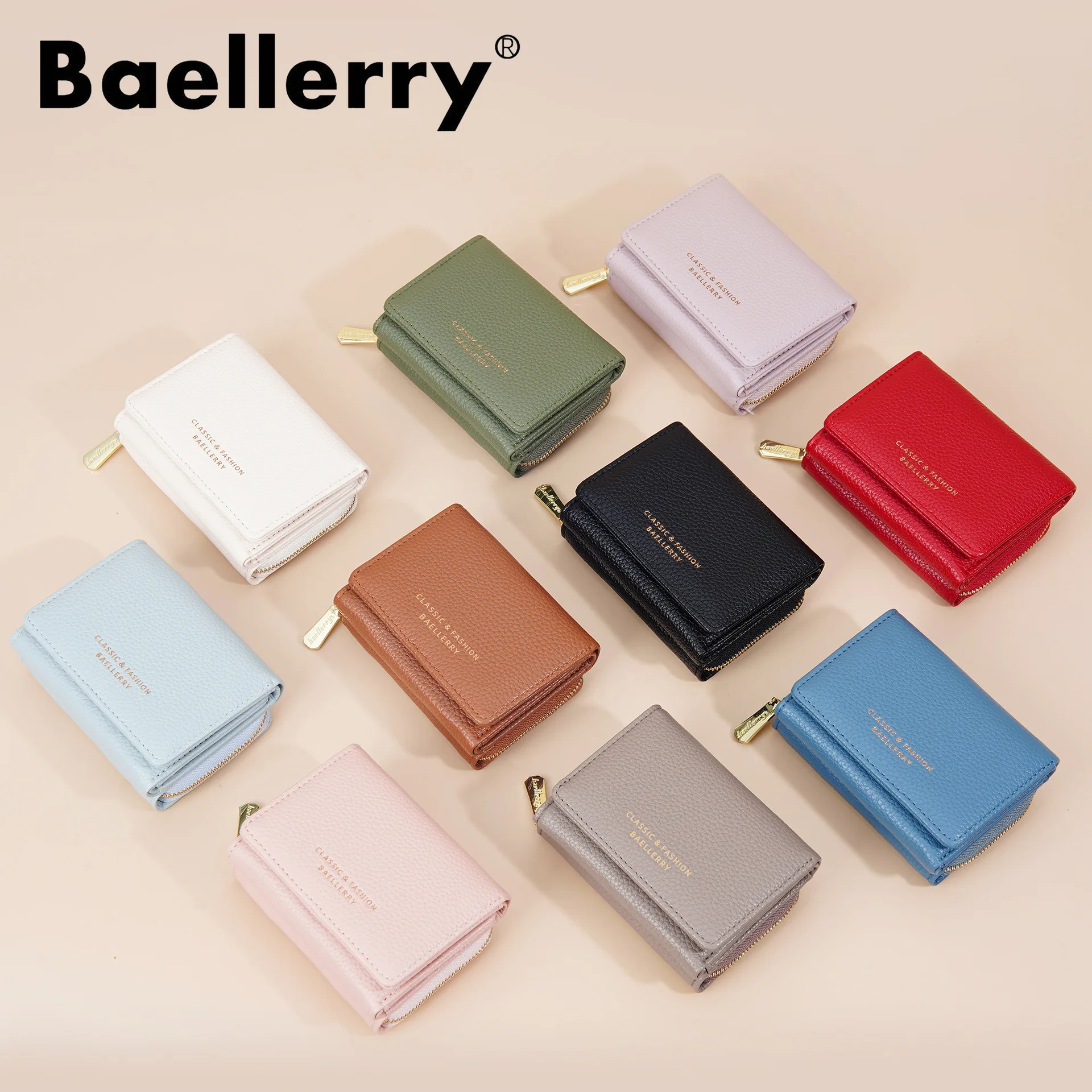 New Baellerry Fashion Slim Wallet for Women PU Leather Zipper Coin Purse Short Wallet with ID/Photo Window Card Holder