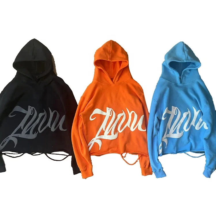 Wholesale Streetwear Puff Printing No String Cut Edge Hoodies Custom Logo 100% Cotton Raw Hem Hoodie For Men