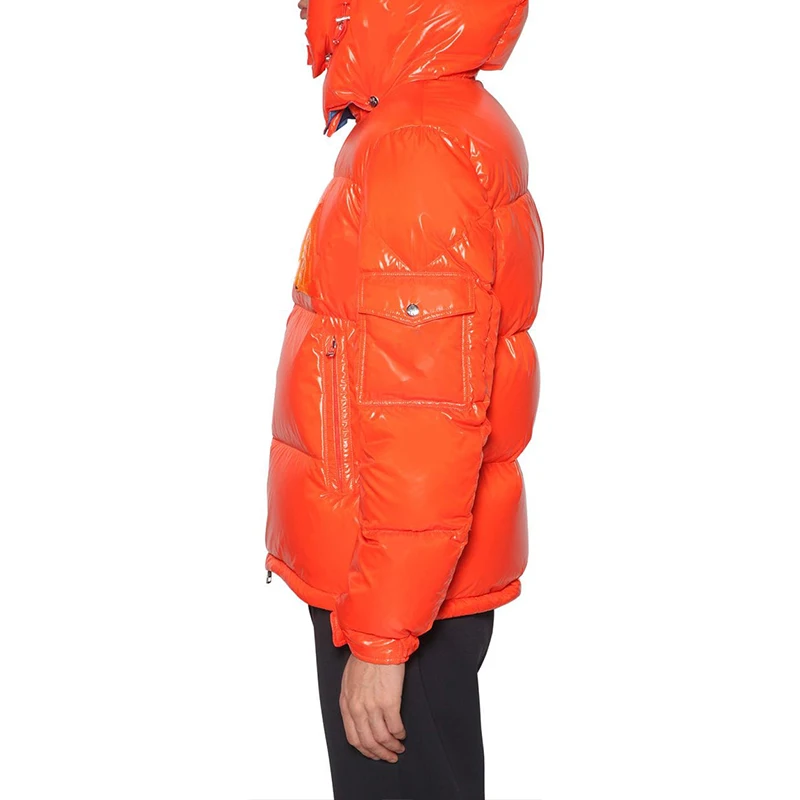 Men Winter Orange Shiny Cotton Down High Neck Puffer Jacket