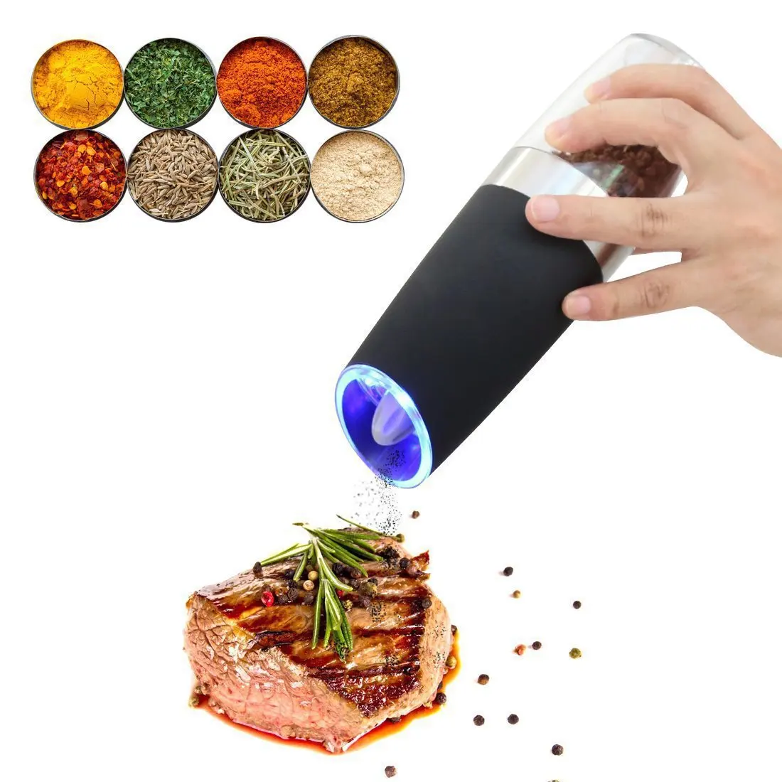 Electric Gravity  Salt and Pepper Grinder with Adjustable Coarseness Ceramic Rotor Automatic Operation Brushed Stainless Steel