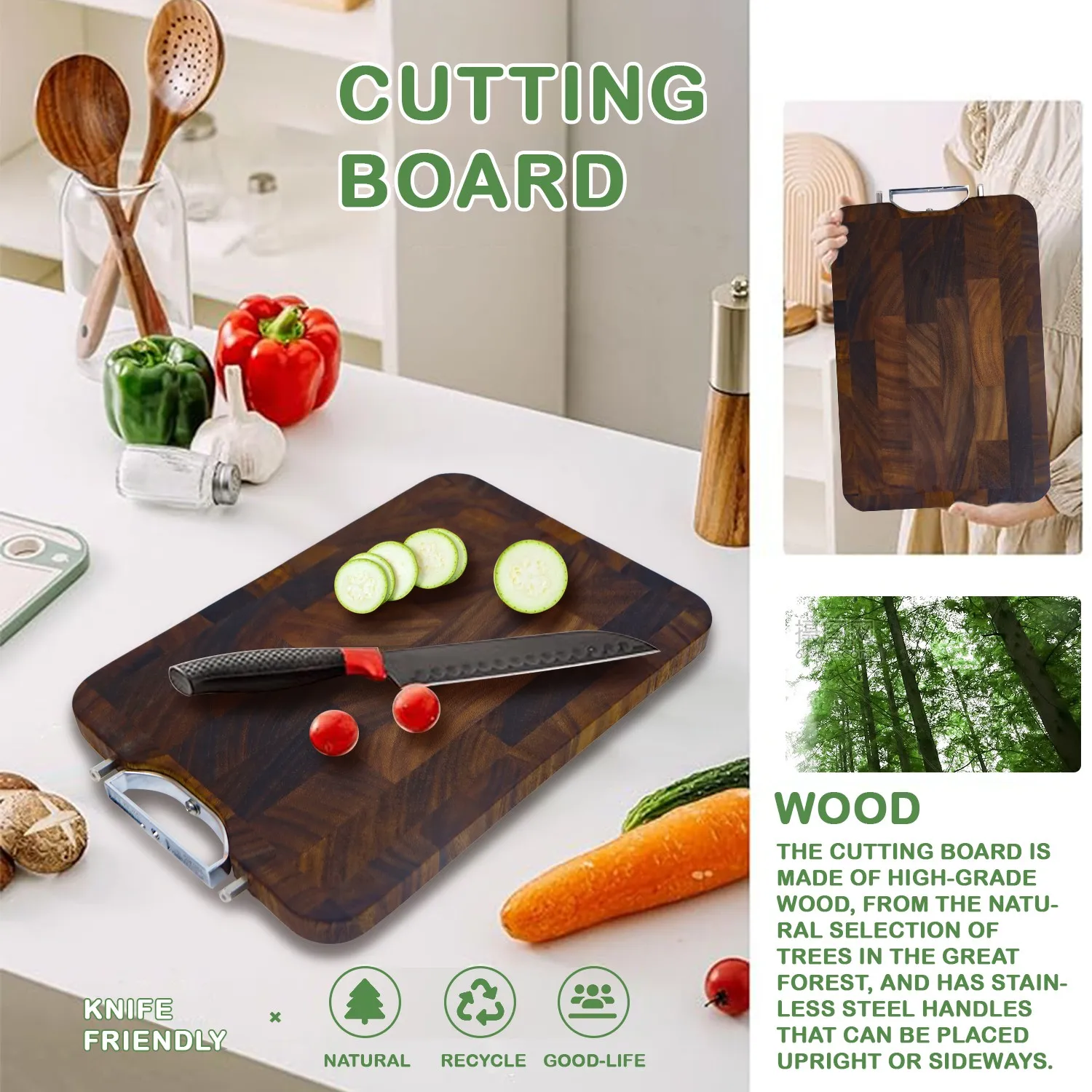 Walnut Wood Carving Cutting Board Hardwood End Grain Buther Block With Convenient Stainless steel Handles