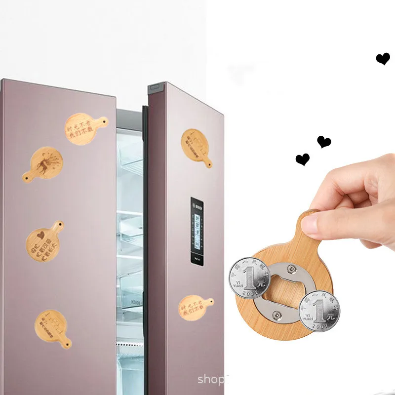 Wooden handle beer starter manufacturers magnet creative refrigerator stickers delicate appearance wood beer bottle opener