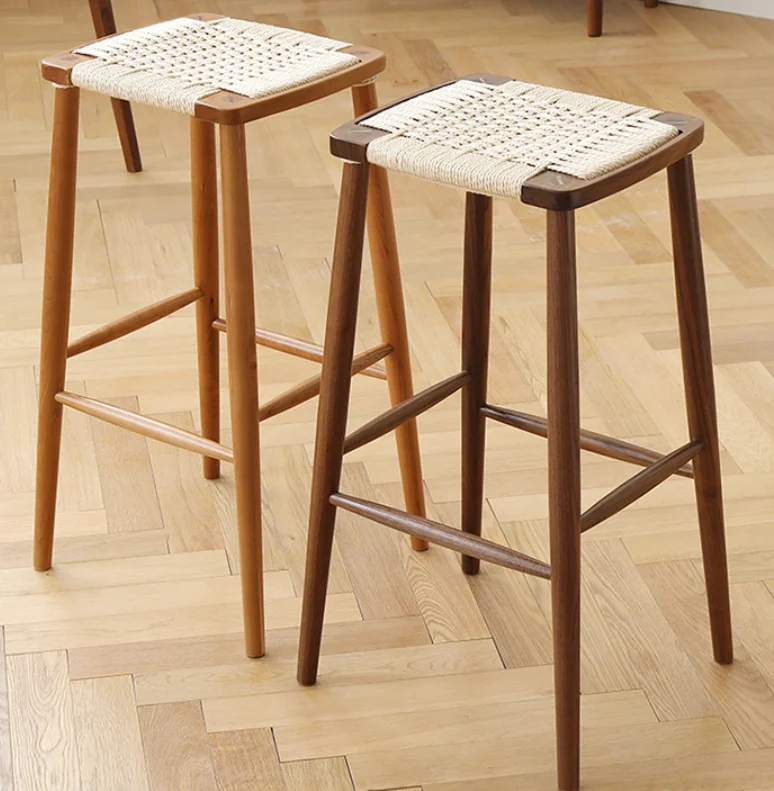 Modern Minimalist Nordic Bar High Stool Solid Wood Woven Rope Cafe Restaurant Stool For Events