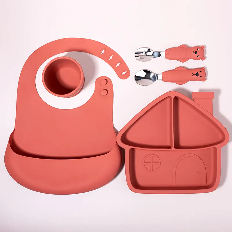 Silicone Feeding Set Bib Baby Silicone Tableware Set Children Bib Bowl Dinner Plate Spoon Fork Water Cup Kids Dinnerware