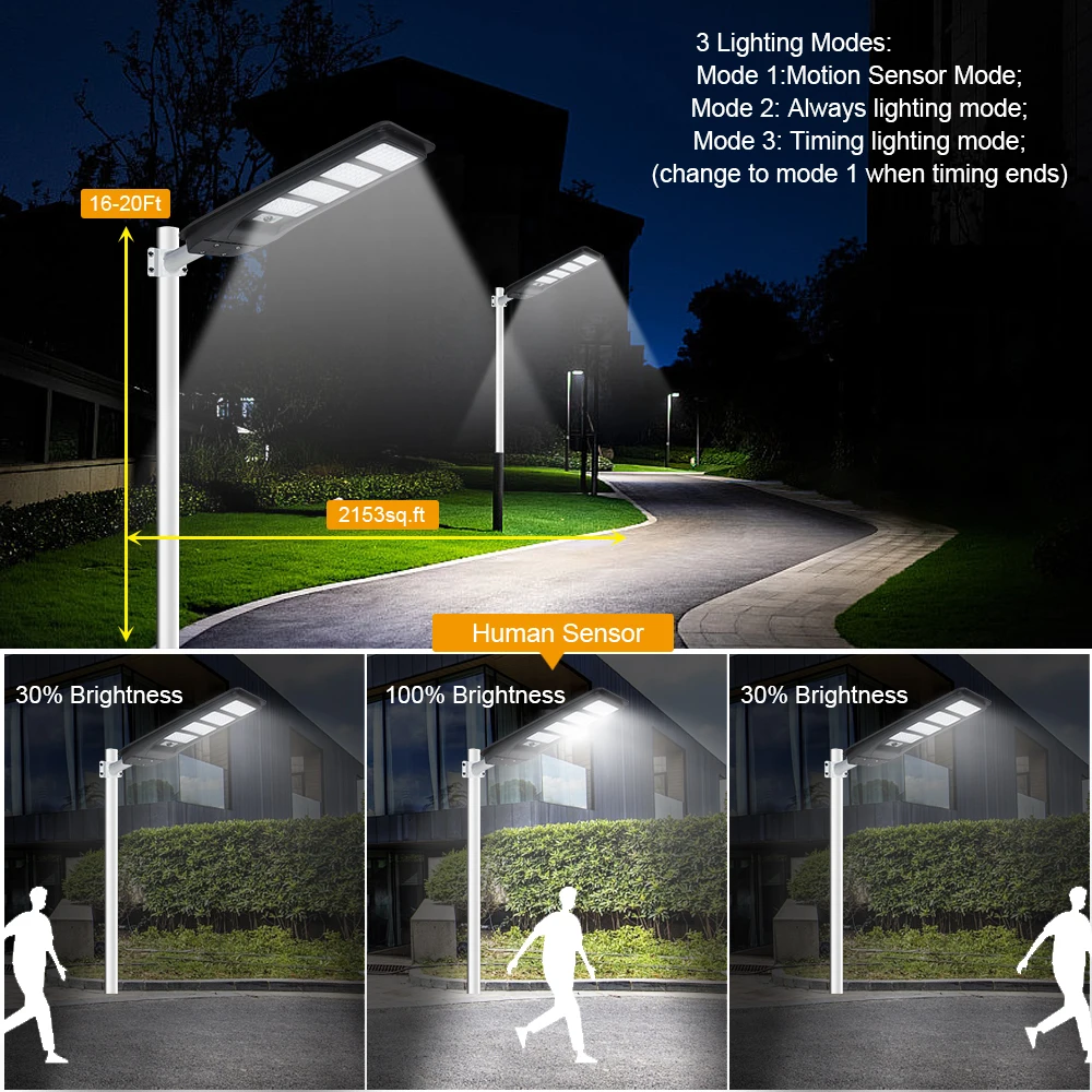 KCD 100w 300w 400w 1000w Elegant Motion Sensor Super Bright Industrial IP65 waterproof All In One Solar Street Light Outdoor