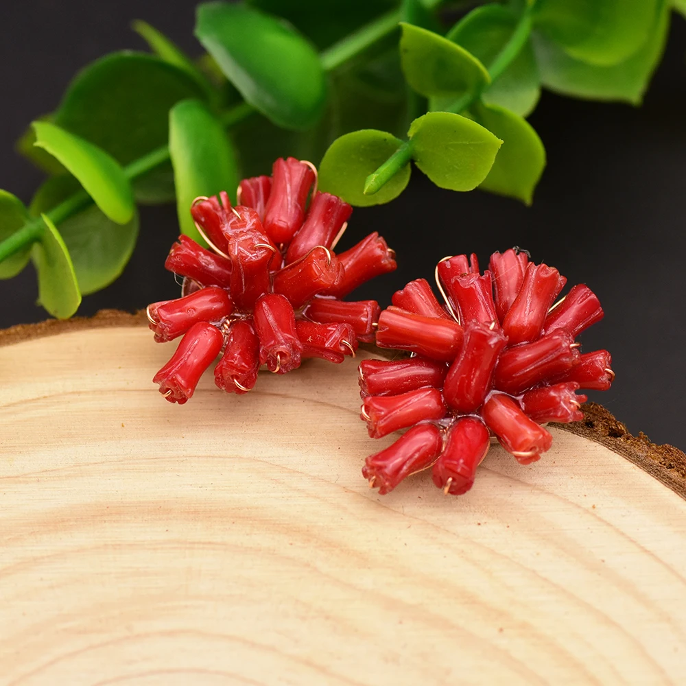 Handmade Natural Red Sea Bamboo Coral 925 Sterling Silver Stud Earrings For Women Wedding Party Luxury Jewellery