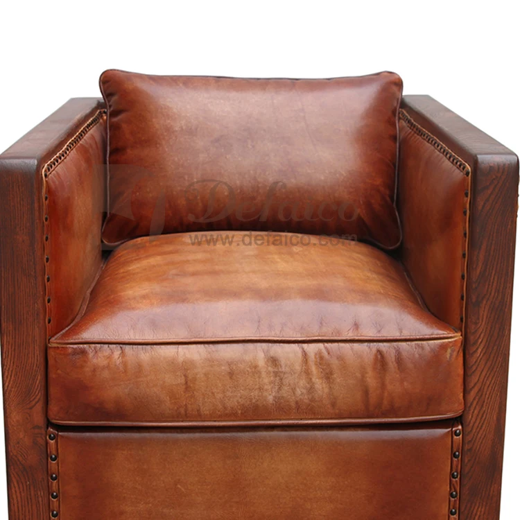 Retro Lounge Cube Single Club Armchair Brown Grain Leather Chair Living Room