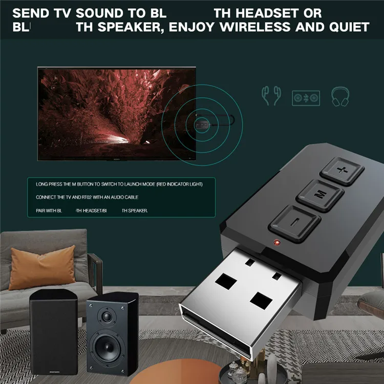 Mini 2 In 1 Wireless  5.0 Audio Receiver Transmitter 3.5mm Jack Aux USB Wireless Adapter for TV Car Pc Headset RT02