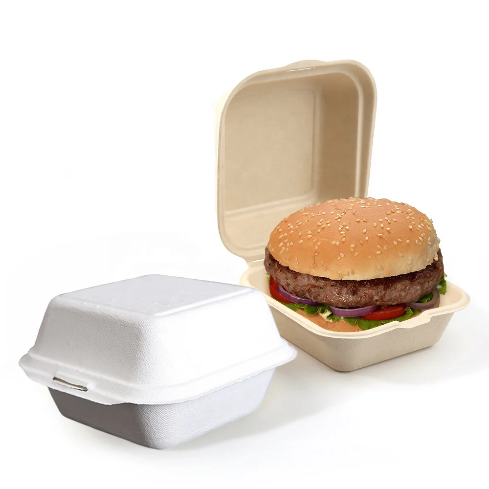 6 inch fast food takeout hamburger packing box sugarcane bagasse burger box packaging clamshell