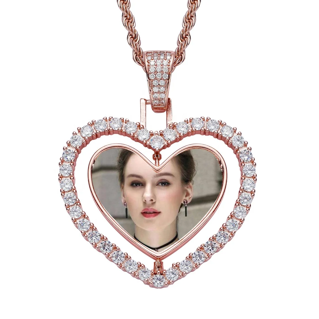 Double Sided Rotation Heart Picture Necklace Photo Pendant for Customized Photo Necklaces for Memory Gift Necklace