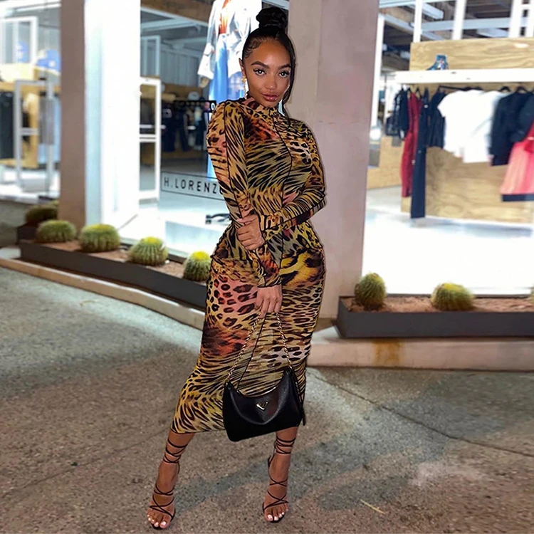 
New Arrivals 2021 Clothing Sexy Leopard Print Long Sleeve Maxi Dress For Ladies Fashionable Women Dresses -PT 